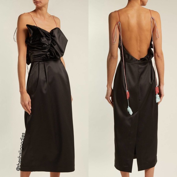 ANNA OCTOBER Ruffled Satin Midi Dress Black - Picture 1 of 8